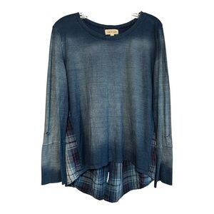 Anthropology Cloth & Stone Womens MED‎ Blue Ombre Blouse Adj Flare Sleeve Plaid